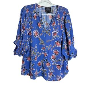 Johnny Was Jade Raine Easy Blouse in Blue Floral Silk Puff Sleeve Top Sz XL Boho